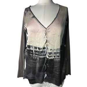 Go by GoSilk Long Sleeve Top Size S Brown Abstract Ruffle Silk Blend Blouse